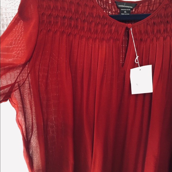 Moda International Tops Deep Red Smocked Cold Shoulder Sheer Blouse